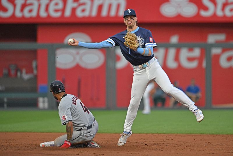 Jun 28, 2024; Kansas City, Missouri, USA;  Kansas City Royals shortstop Bobby Witt Jr. (7) throws to first base after forcing out Cleveland Guardians Brayan Rocchio (4) in the third inning against the at Kauffman Stadium. Mandatory Credit: Peter Aiken-USA TODAY Sports