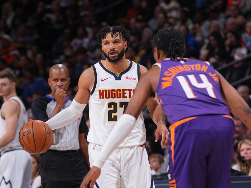 DENVER, CO - OCTOBER 13: Jamal Murray #27 of the Denver Nuggets dribbles the ball during the game against the Phoenix Suns on October 13, 2024 at Ball Arena in Denver, Colorado. NOTE TO USER: User expressly acknowledges and agrees that, by downloading and/or using this Photograph, user is consenting to the terms and conditions of the Getty Images License Agreement. Mandatory Copyright Notice: Copyright 2024 NBAE (Photo by Bart Young/NBAE via Getty Images)