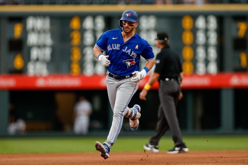 Sep 3, 2023; Denver, Colorado, USA; Toronto Blue Jays first baseman Spencer Horwitz (48) rounds the bases on a solo home run in the fourth inning against the Colorado Rockies at Coors Field. Mandatory Credit: Isaiah J. Downing-USA TODAY Sports