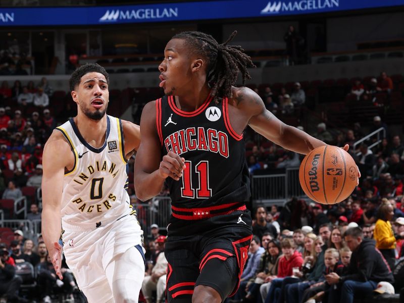 CHICAGO, IL - DECEMBER 6: Ayo Dosunmu #11 of the Chicago Bulls looks to pass the ball during the game against the Indiana Pacers on December 6, 2024 at United Center in Chicago, Illinois. NOTE TO USER: User expressly acknowledges and agrees that, by downloading and or using this photograph, User is consenting to the terms and conditions of the Getty Images License Agreement. Mandatory Copyright Notice: Copyright 2024 NBAE (Photo by Jeff Haynes/NBAE via Getty Images)