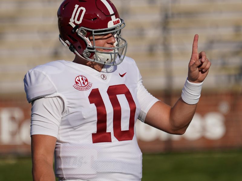 Sep 26, 2020; Columbia, Missouri, USA; Alabama Crimson Tide quarterback Mac Jones (10) warms up before the game against the Missouri Tigers at Faurot Field at Memorial Stadium. Mandatory Credit: Denny Medley-USA TODAY Sports