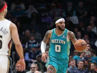 CHARLOTTE, NC - DECEMBER 15:  Miles Bridges #0 of the Charlotte Hornets dribbles the ball during the game against the New Orleans Pelicans on December 15, 2023 at Spectrum Center in Charlotte, North Carolina. NOTE TO USER: User expressly acknowledges and agrees that, by downloading and or using this photograph, User is consenting to the terms and conditions of the Getty Images License Agreement.  Mandatory Copyright Notice:  Copyright 2023 NBAE (Photo by Brock Williams-Smith/NBAE via Getty Images)