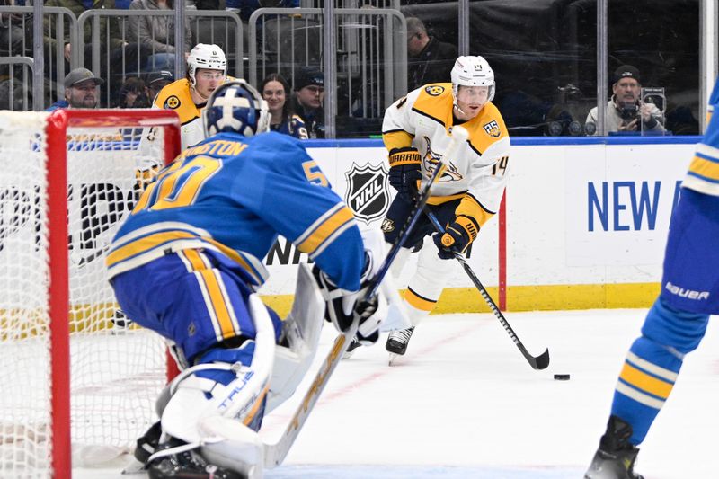 Feb 17, 2024; St. Louis, Missouri, USA; Nashville Predators center Gustav Nyquist (14) skates against the St. Louis Blues during the first period at Enterprise Center. Mandatory Credit: Jeff Le-USA TODAY Sports