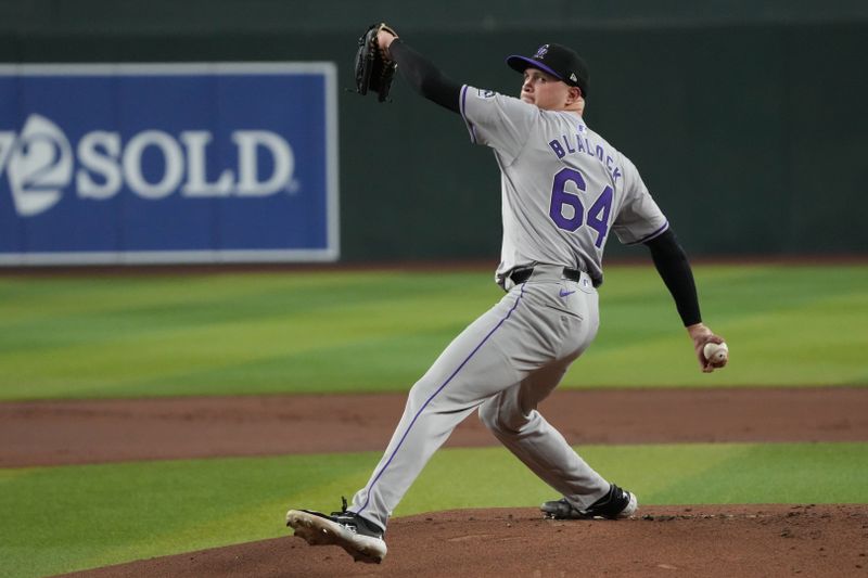 Aug 12, 2024; Phoenix, Arizona, USA; Colorado Rockies pitcher Bradley Blalock (64) throws against the Arizona Diamondbacks in the first inning at Chase Field. Mandatory Credit: Rick Scuteri-USA TODAY Sports