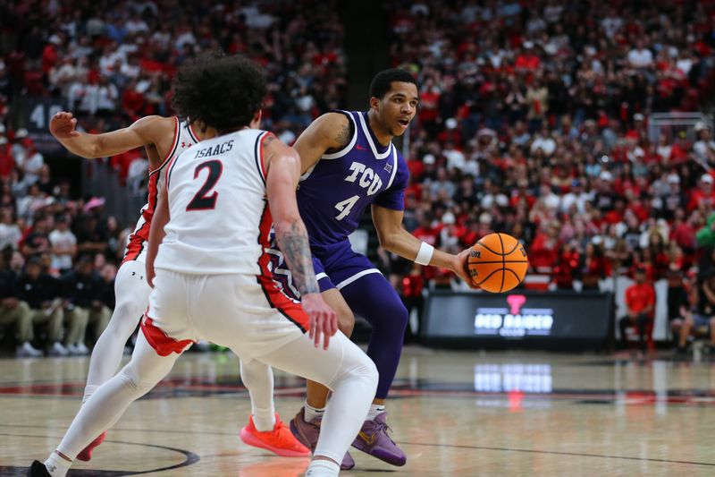 Feb 20, 2024; Lubbock, Texas, USA;  TCU Horned Frogs guard Jameer Nelson Jr (4) dribbles the ball against Texas Tech Red Raiders guard Pop Isaacs (2) in the first half at United Supermarkets Arena. Mandatory Credit: Michael C. Johnson-USA TODAY Sports