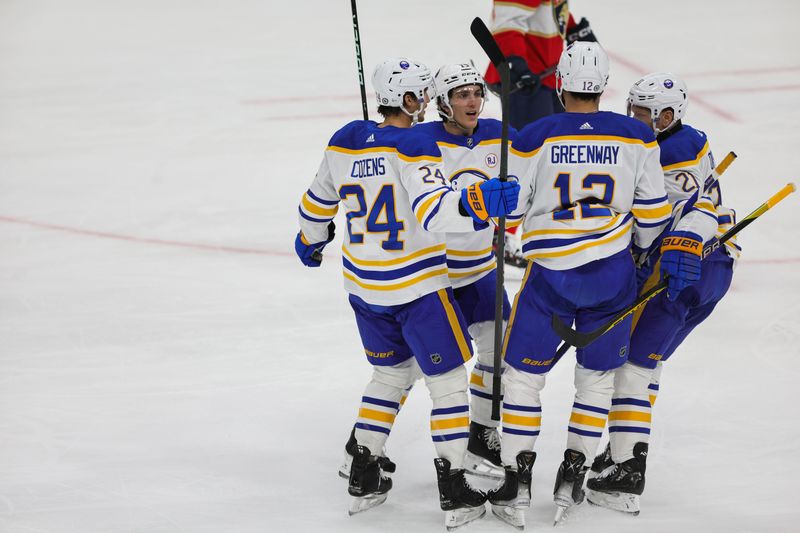 Feb 27, 2024; Sunrise, Florida, USA; Buffalo Sabres center Dylan Cozens (24) celebrates with teammates after scoring against the Florida Panthers during the first period at Amerant Bank Arena. Mandatory Credit: Sam Navarro-USA TODAY Sports