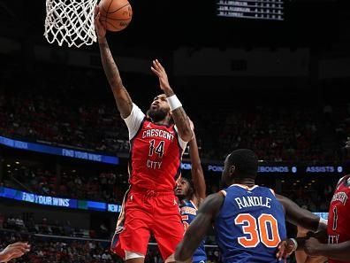 NEW ORLEANS, LA - OCTOBER 28: Brandon Ingram #14 of the New Orleans Pelicans drives to the basket during the game against the New York Knicks on October 28, 2023 at the Smoothie King Center in New Orleans, Louisiana. NOTE TO USER: User expressly acknowledges and agrees that, by downloading and or using this Photograph, user is consenting to the terms and conditions of the Getty Images License Agreement. Mandatory Copyright Notice: Copyright 2023 NBAE (Photo by Layne Murdoch Jr./NBAE via Getty Images)