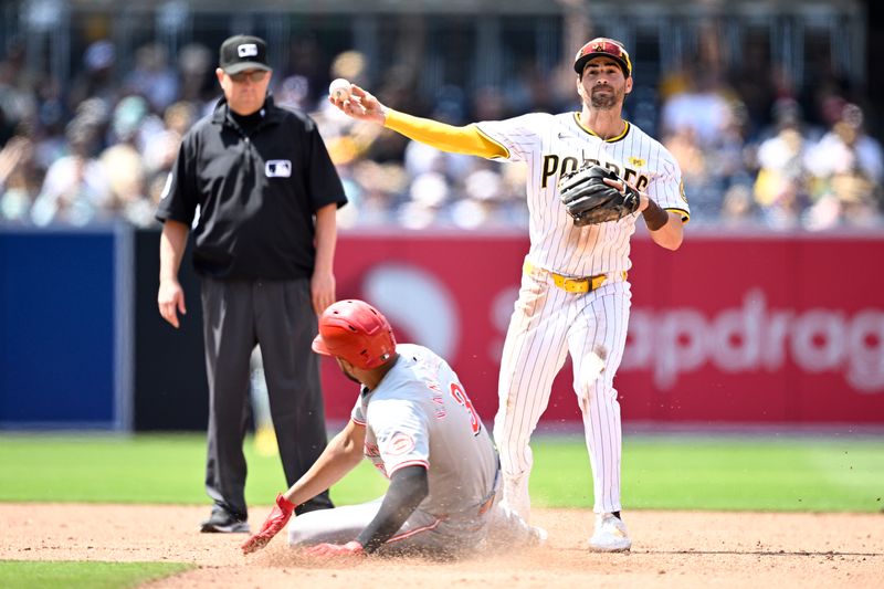 May 1, 2024; San Diego, California, USA; San Diego Padres second baseman Tyler Wade (right) throws to first base after forcing out Cincinnati Reds first baseman Jeimer Candelario (3) at second base to complete a double play during the fifth inning as second base umpire Todd Tichenor (rear) looks on at Petco Park. Mandatory Credit: Orlando Ramirez-USA TODAY Sports