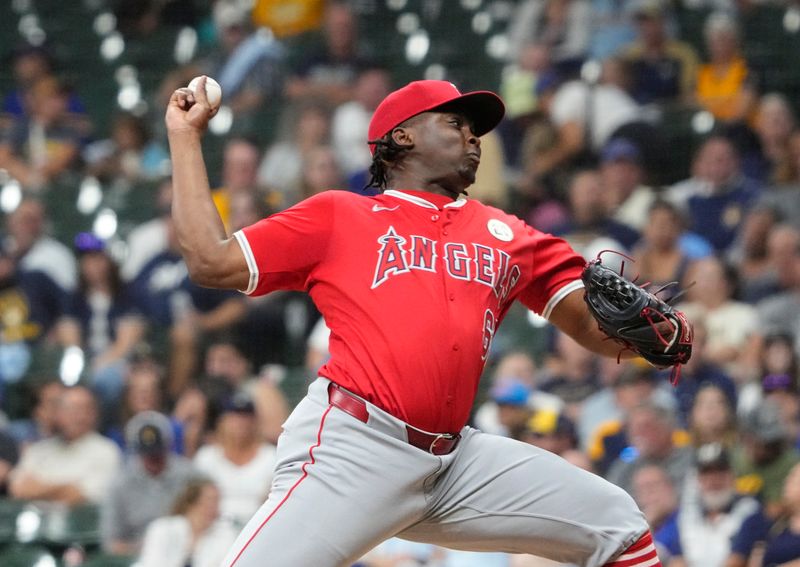 Sep 16, 2025; Milwaukee, Wisconsin, USA; Los Angeles Angels pitcher Jose Fermin (68) delivers a pitch against the Milwaukee Brewers in the sixth inning at American Family Field. Mandatory Credit: Michael McLoone-Imagn Images