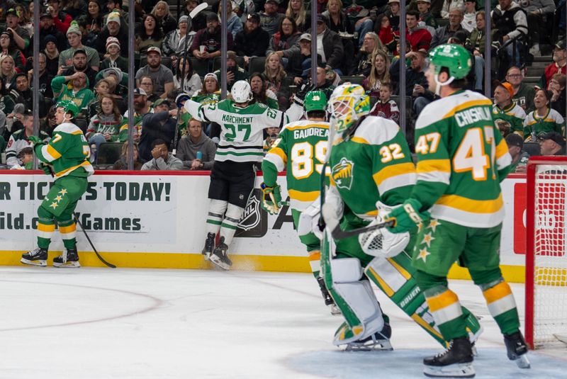 Nov 16, 2024; Saint Paul, Minnesota, USA; Dallas Stars left wing Mason Marchment (27) leaps in celebration in front of Minnesota Wild fans in the third period at Xcel Energy Center. Mandatory Credit: Matt Blewett-Imagn Images