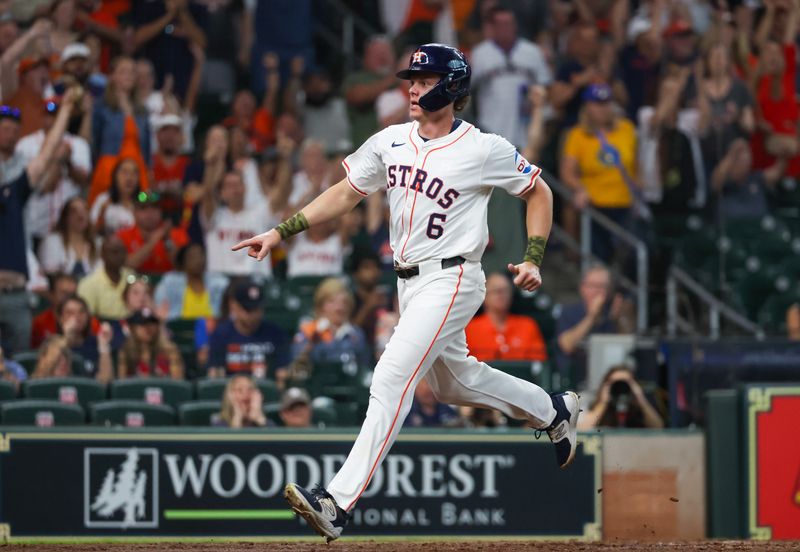May 18, 2024; Houston, Texas, USA; Houston Astros center fielder Jake Meyers (6) scores against the Milwaukee Brewers in the third inning at Minute Maid Park. Mandatory Credit: Thomas Shea-USA TODAY Sports