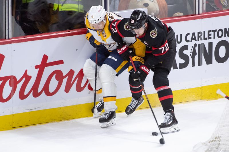 Jan 29, 2024; Ottawa, Ontario, CAN; Nashville Predators left wing Filip Forsberg (9) battles with Ottawa Senators defenseman Thomas Chabot (72) in overtime at the Canadian Tire Centre. Mandatory Credit: Marc DesRosiers-USA TODAY Sports