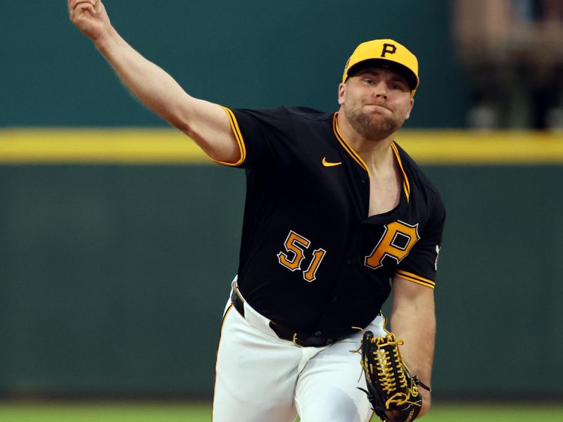 Mar 21, 2024; Bradenton, Florida, USA; Pittsburgh Pirates relief pitcher David Bednar (51) throws a pitch during the fifth inning against the Toronto Blue Jays at LECOM Park. Mandatory Credit: Kim Klement Neitzel-USA TODAY Sports