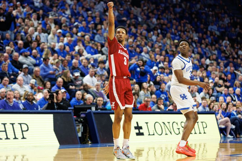 Feb 24, 2024; Lexington, Kentucky, USA; Alabama Crimson Tide guard Rylan Griffen (3) watches his shot during the first half Kentucky Wildcats at Rupp Arena at Central Bank Center. Mandatory Credit: Jordan Prather-USA TODAY Sports