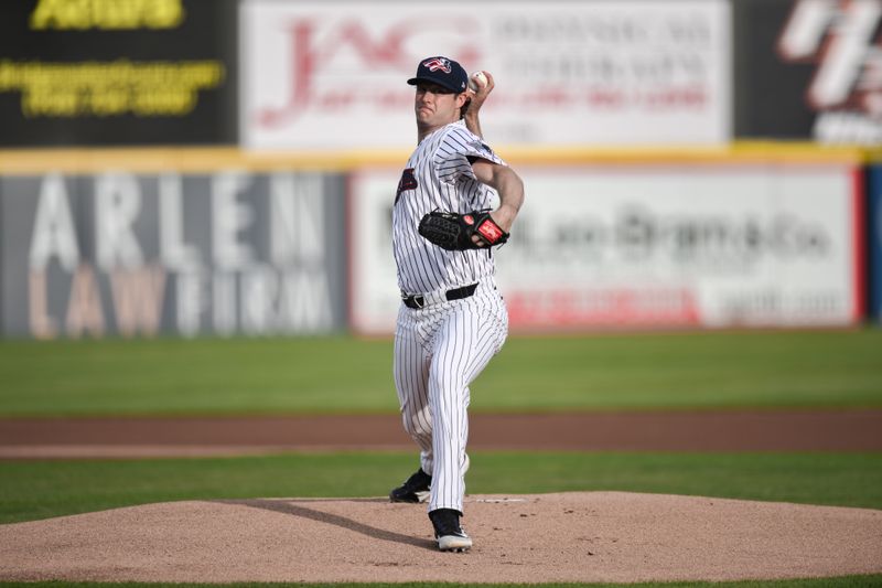 Jun 4, 2024; Bridgewater, NJ, USA; New York Yankees pitcher Gerrit Cole pitches during a MLB rehab assignment with the Somerset Patriots against the Hartford Yard Goats at TD Bank Ballpark. Mandatory Credit: John Jones-USA TODAY Sports