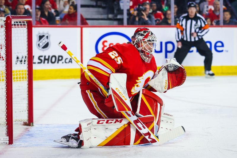 Mar 28, 2023; Calgary, Alberta, CAN; Calgary Flames goaltender Jacob Markstrom (25) guards his net against the Los Angeles Kings during the first period at Scotiabank Saddledome. Mandatory Credit: Sergei Belski-USA TODAY Sports