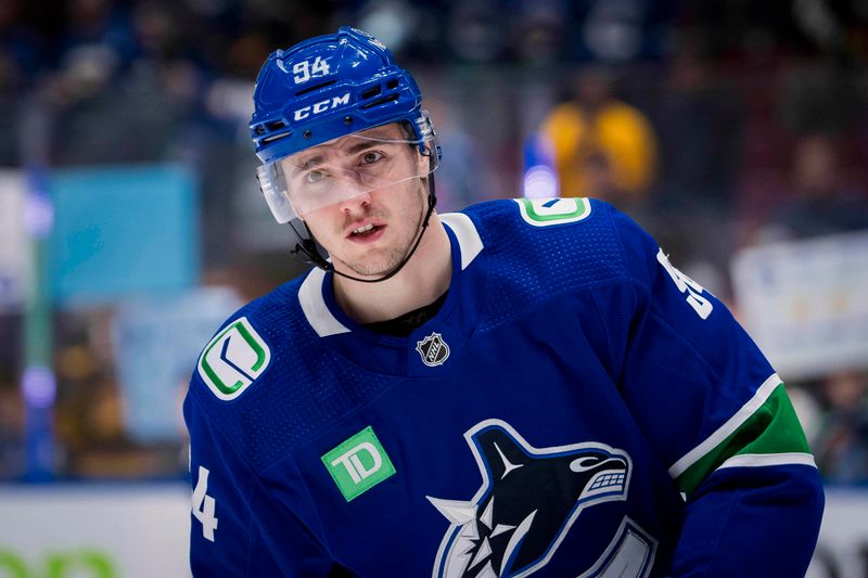 Nov 30, 2023; Vancouver, British Columbia, CAN; Vancouver Canucks forward Linus Karlsson (94) skates during warm up prior to a game against the Vegas Golden Knights at Rogers Arena. Mandatory Credit: Bob Frid-USA TODAY Sports