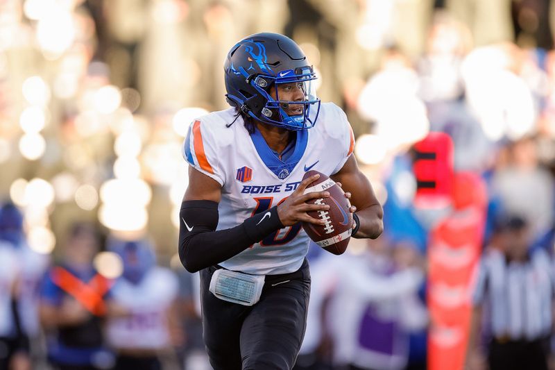 Oct 22, 2022; Colorado Springs, Colorado, USA; Boise State Broncos quarterback Taylen Green (10) looks to pass in the first quarter against the Air Force Falcons at Falcon Stadium. Mandatory Credit: Isaiah J. Downing-USA TODAY Sports