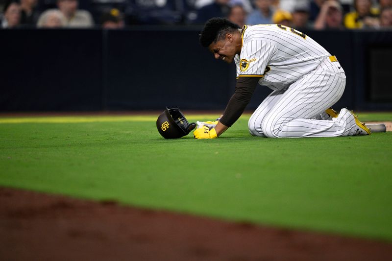 Aug 14, 2023; San Diego, California, USA; San Diego Padres left fielder Juan Soto (22) reacts after a foul ball during the seventh inning against the Baltimore Orioles at Petco Park. Mandatory Credit: Orlando Ramirez-USA TODAY Sports