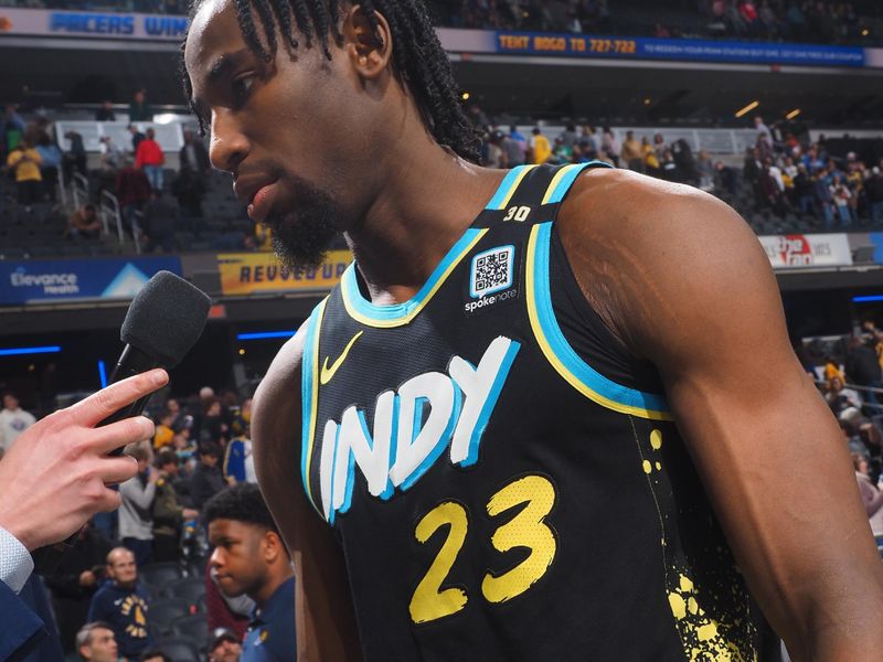 INDIANAPOLIS, IN - MARCH 16: Aaron Nesmith #23 of the Indiana Pacers talks to the media after the game against the Brooklyn Nets on March 16, 2024 at Gainbridge Fieldhouse in Indianapolis, Indiana. NOTE TO USER: User expressly acknowledges and agrees that, by downloading and or using this Photograph, user is consenting to the terms and conditions of the Getty Images License Agreement. Mandatory Copyright Notice: Copyright 2024 NBAE (Photo by Ron Hoskins/NBAE via Getty Images)