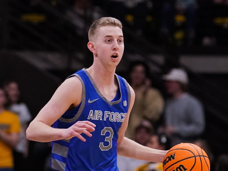 Feb 17, 2023; Laramie, Wyoming, USA; Air Force Falcons guard Jake Heidbreder (3) dribbles against the Wyoming Cowboys during the first half at Arena-Auditorium. Mandatory Credit: Troy Babbitt-USA TODAY Sports