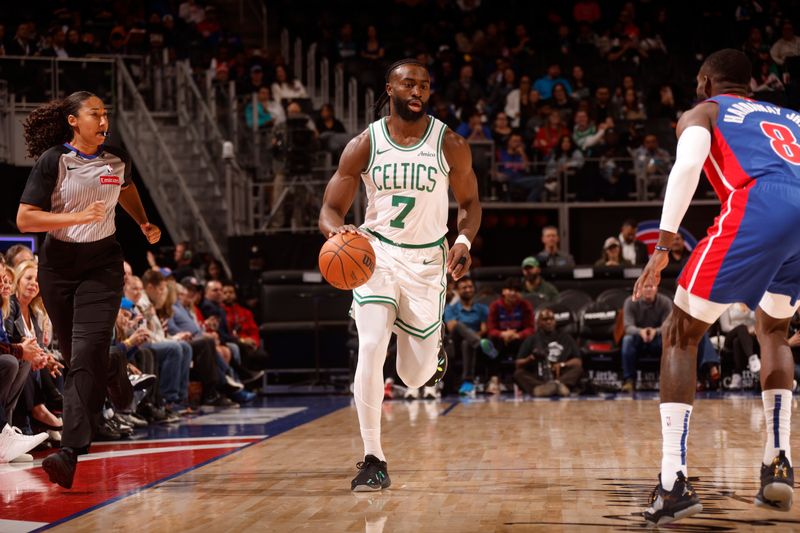 DETROIT, MI - OCTOBER 26: Jaylen Brown #7 of the Boston Celtics dribbles the ball during the game against the Detroit Pistons  during a regular season game on October 26, 2024 at Little Caesars Arena in Detroit, Michigan. NOTE TO USER: User expressly acknowledges and agrees that, by downloading and/or using this photograph, User is consenting to the terms and conditions of the Getty Images License Agreement. Mandatory Copyright Notice: Copyright 2024 NBAE (Photo by Brian Sevald/NBAE via Getty Images)