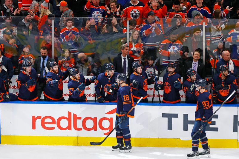 Jan 18, 2024; Edmonton, Alberta, CAN; The Edmonton Oilers celebrate a goal scored by forward Zach Hyman (18) during the third period against the Seattle Kraken at Rogers Place. Mandatory Credit: Perry Nelson-USA TODAY Sports