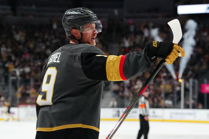Feb 4, 2026; Las Vegas, Nevada, USA; Vegas Golden Knights center Jack Eichel (9) celebrates after scoring a goal against the Vancouver Canucks during the second period at T-Mobile Arena. Mandatory Credit: Stephen R. Sylvanie-Imagn Images