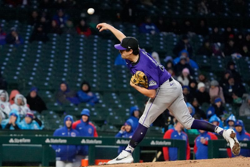 Apr 3, 2024; Chicago, Illinois, USA; Colorado Rockies starting pitcher Cal Quantrill (47) throws the ball against the Chicago Cubs during the first inning at Wrigley Field. Mandatory Credit: David Banks-USA TODAY Sports