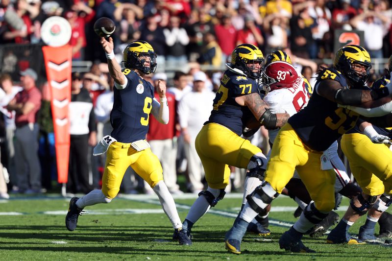 Jan 1, 2024; Pasadena, CA, USA; Michigan Wolverines quarterback J.J. McCarthy (9) throws a pass in the first quarter against the Alabama Crimson Tide in the 2024 Rose Bowl college football playoff semifinal game at Rose Bowl. Mandatory Credit: Kiyoshi Mio-USA TODAY Sports