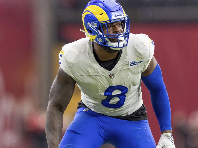 Los Angeles Rams linebacker Jared Verse (8) against the Arizona Cardinals in an NFL football game, Sunday, Sept. 15, 2024, in Glendale, Ariz. (AP Photo/Jeff Lewis)