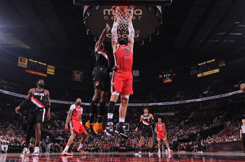 PORTLAND, OR - FEBRUARY 10: Jonas Valanciunas #17 of the New Orleans Pelicans drives to the basket during the game against the Portland Trail Blazers on February 10, 2024 at the Moda Center Arena in Portland, Oregon. NOTE TO USER: User expressly acknowledges and agrees that, by downloading and or using this photograph, user is consenting to the terms and conditions of the Getty Images License Agreement. Mandatory Copyright Notice: Copyright 2024 NBAE (Photo by Cameron Browne/NBAE via Getty Images)