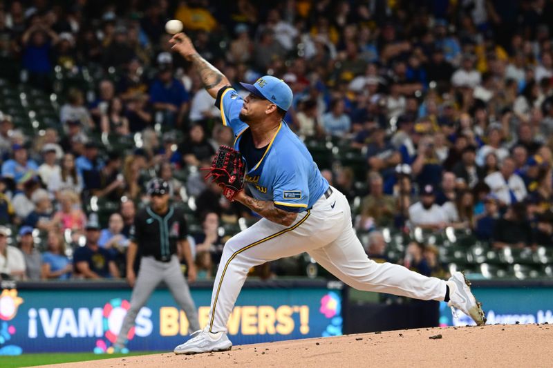 Sep 22, 2024; Milwaukee, Wisconsin, USA; Milwaukee Brewers starting pitcher Frankie Montas (47) pitches in the first inning against the Arizona Diamondbacks at American Family Field. Mandatory Credit: Benny Sieu-Imagn Images