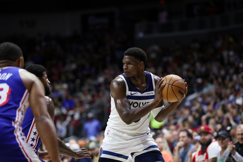 DES MOINES, IA -  OCTOBER 11: Anthony Edwards #5 of the Minnesota Timberwolves handles the ball during the game against the Philadelphia 76ers during a NBA pre season game on October 11, 2024 at the Wells Fargo Arena in Des Moines, Iowa. NOTE TO USER: User expressly acknowledges and agrees that, by downloading and or using this Photograph, user is consenting to the terms and conditions of the Getty Images License Agreement. Mandatory Copyright Notice: Copyright 2024 NBAE (Photo by Jasey Bradwell/NBAE via Getty Images)