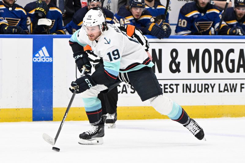 Apr 14, 2024; St. Louis, Missouri, USA; Seattle Kraken left wing Jared McCann (19) skates against the St. Louis Blues  during the first period at Enterprise Center. Mandatory Credit: Jeff Le-USA TODAY Sports