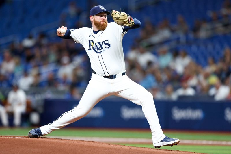 Sep 19, 2024; St. Petersburg, Florida, USA; Tampa Bay Rays pitcher Zack Littell (52) throws a pitch against the Boston Red Sox in the first inning at Tropicana Field. Mandatory Credit: Nathan Ray Seebeck-Imagn Images