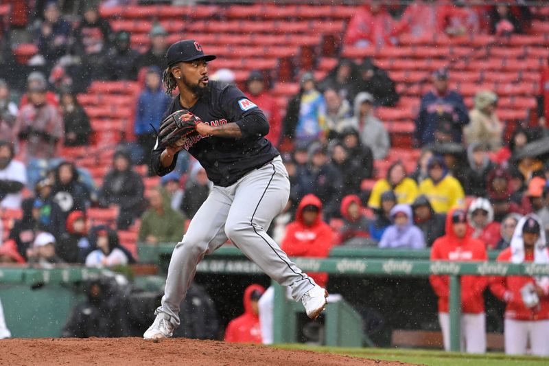 Apr 18, 2024; Boston, Massachusetts, USA; Cleveland Guardians pitcher Emmanuel Clase (48) pitches against the Boston Red Sox during the ninth inning at Fenway Park. Mandatory Credit: Eric Canha-USA TODAY Sports