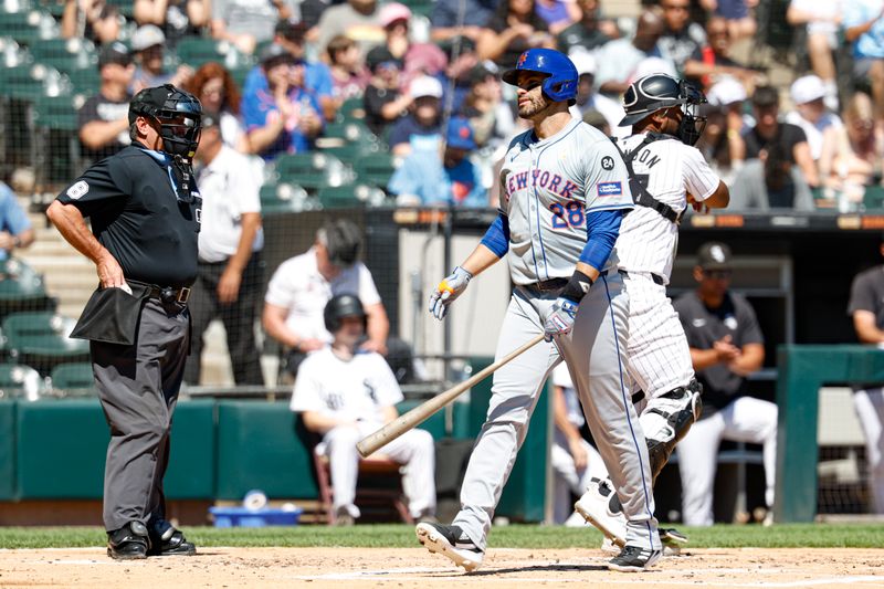 Sep 1, 2024; Chicago, Illinois, USA; New York Mets designated hitter J.D. Martinez (28) reacts after striking out against the Chicago White Sox during the second inning at Guaranteed Rate Field. Mandatory Credit: Kamil Krzaczynski-USA TODAY Sports