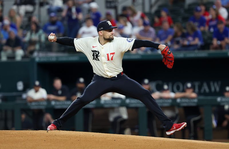 Apr 26, 2024; Arlington, Texas, USA;  Texas Rangers starting pitcher Nathan Eovaldi (17) throws during the first inning against the Cincinnati Reds at Globe Life Field. Mandatory Credit: Kevin Jairaj-USA TODAY Sports