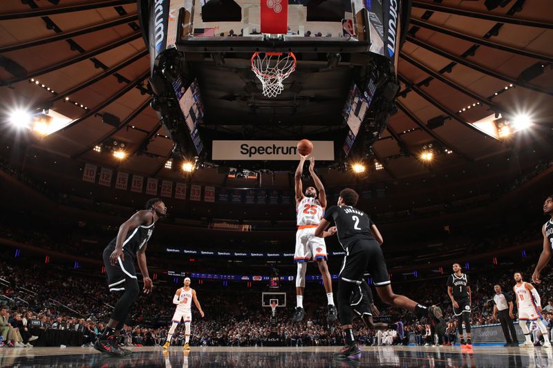 NEW YORK, NY - NOVEMBER 17: Mikal Bridges #25 of the New York Knicks shoots the ball during the game against the Brooklyn Nets on November 17, 2024 at Madison Square Garden in New York City, New York.  NOTE TO USER: User expressly acknowledges and agrees that, by downloading and or using this photograph, User is consenting to the terms and conditions of the Getty Images License Agreement. Mandatory Copyright Notice: Copyright 2024 NBAE  (Photo by Nathaniel S. Butler/NBAE via Getty Images)