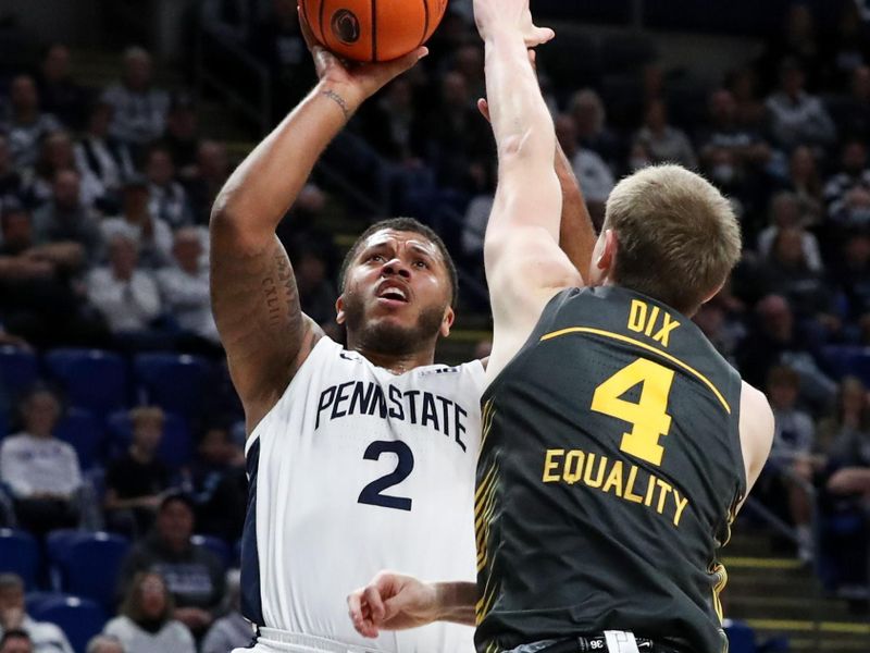 Jan 1, 2023; University Park, Pennsylvania, USA; Penn State Nittany Lions guard/forward Myles Dread (2) shoots the ball as Iowa Hawkeyes guard Josh Dix (4) defends during the first half at Bryce Jordan Center. Penn State defeated Iowa 83-79. Mandatory Credit: Matthew OHaren-USA TODAY Sports