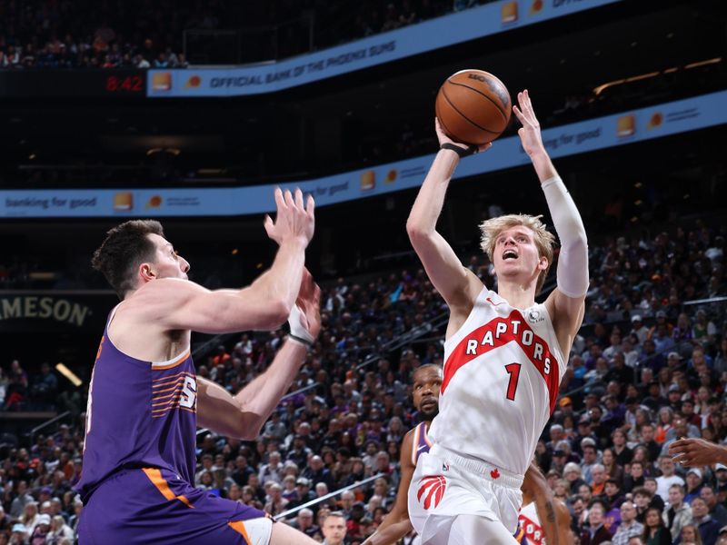 PHOENIX, AZ - MARCH 7: Gradey Dick #1 of the Toronto Raptors shoots the ball during the game against the Phoenix Suns on March 7, 2024 at Footprint Center in Phoenix, Arizona. NOTE TO USER: User expressly acknowledges and agrees that, by downloading and or using this photograph, user is consenting to the terms and conditions of the Getty Images License Agreement. Mandatory Copyright Notice: Copyright 2024 NBAE (Photo by Jeff Haynes/NBAE via Getty Images)