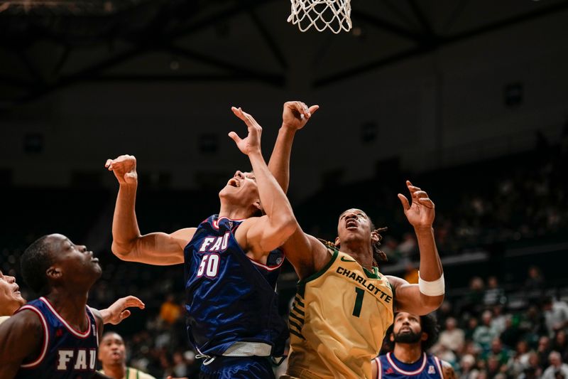 Jan 6, 2024; Charlotte, North Carolina, USA; Florida Atlantic Owls center Vladislav Goldin (50) and Charlotte 49ers center Dishon Jackson (1) go up for the rebound during the first half at Dale F. Halton Arena. Mandatory Credit: Jim Dedmon-USA TODAY Sports