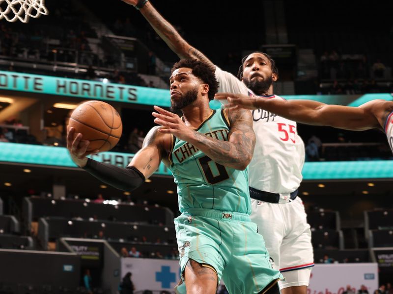 CHARLOTTE, NC - JANUARY 31:  Miles Bridges #0 of the Charlotte Hornets shoots the ball during the game against the LA Clippers on January 31, 2025 at Spectrum Center in Charlotte, North Carolina. NOTE TO USER: User expressly acknowledges and agrees that, by downloading and or using this photograph, User is consenting to the terms and conditions of the Getty Images License Agreement. Mandatory Copyright Notice: Copyright 2025 NBAE (Photo by Kent Smith/NBAE via Getty Images)