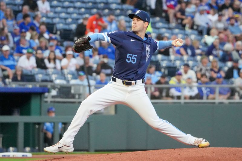 Sep 6, 2024; Kansas City, Missouri, USA; Kansas City Royals starting pitcher Cole Ragans (55) delivers a pitch agains the Minnesota Twins during the first inning at Kauffman Stadium. Mandatory Credit: Denny Medley-Imagn Images