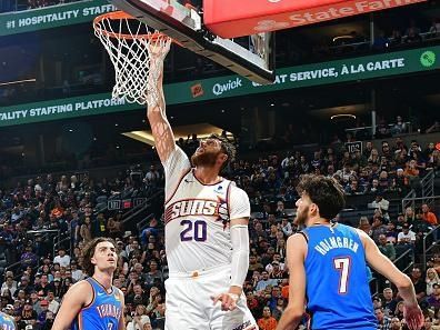 PHOENIX, AZ - NOVEMBER  12:  Jusuf Nurkic #20 of the Phoenix Suns drives to the basket during the game against the Oklahoma City Thunder on November 12, 2023 at Footprint Center in Phoenix, Arizona. NOTE TO USER: User expressly acknowledges and agrees that, by downloading and or using this photograph, user is consenting to the terms and conditions of the Getty Images License Agreement. Mandatory Copyright Notice: Copyright 2023 NBAE (Photo by Kate Frese/NBAE via Getty Images)