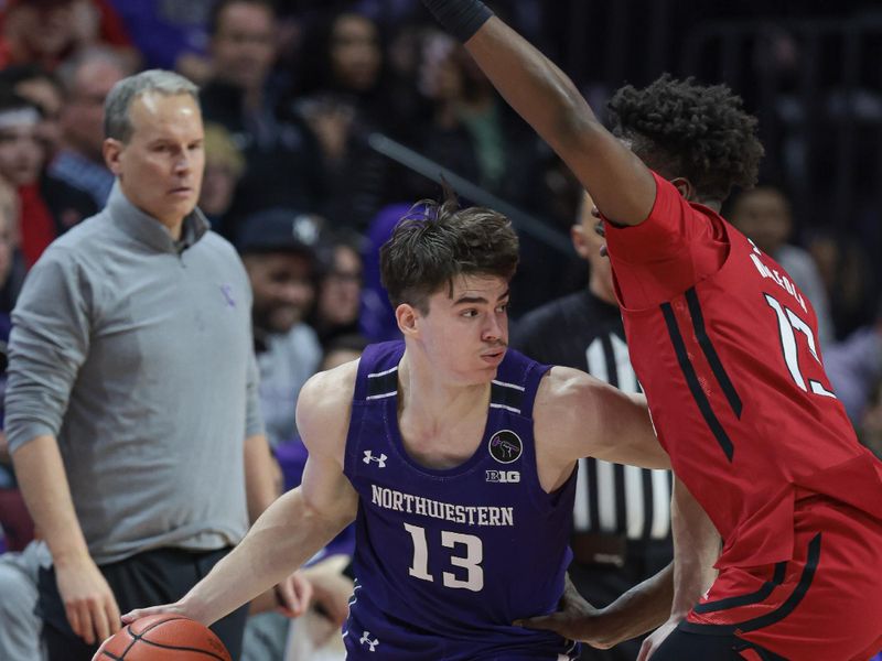 Mar 5, 2023; Piscataway, New Jersey, USA; Northwestern Wildcats guard Brooks Barnhizer (13) dribbles against Rutgers Scarlet Knights forward Antwone Woolfolk (13) during the second half at Jersey Mike's Arena. Mandatory Credit: Vincent Carchietta-USA TODAY Sports