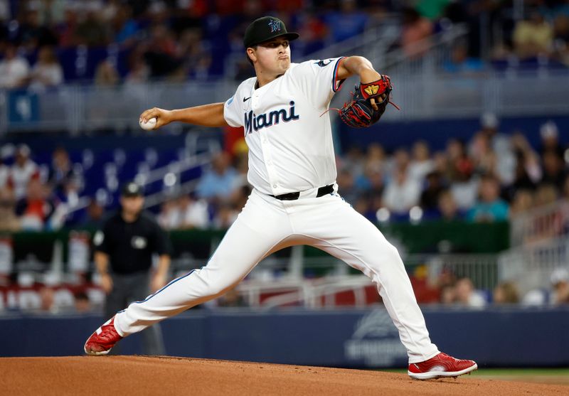 Jul 2, 2024; Miami, Florida, USA;  Miami Marlins starting pitcher Valente Bellozo (83) throws during the first inning against the Boston Red Sox at loanDepot Park. Mandatory Credit: Rhona Wise-USA TODAY Sports