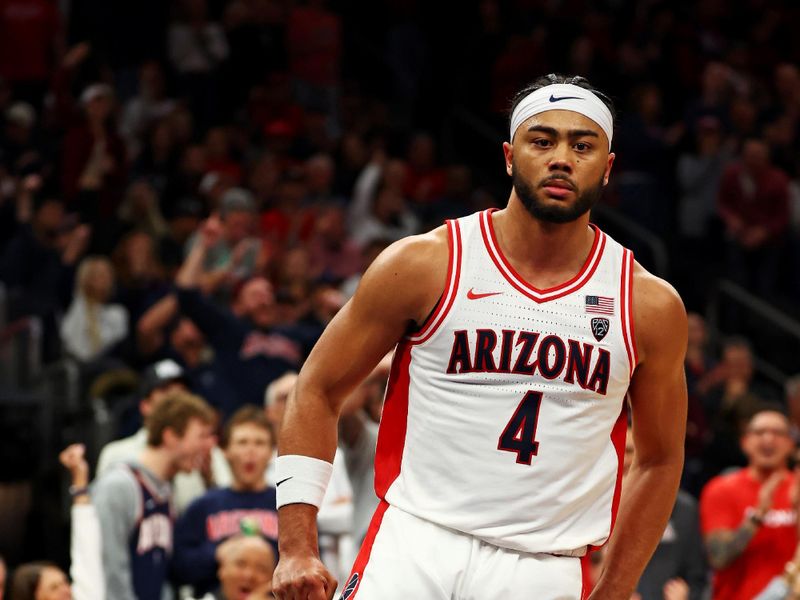 Dec 20, 2023; Phoenix, Arizona, USA; Arizona Wildcats guard Kylan Boswell (4) reacts after a play during the second half of the game against the Alabama Crimson Tide in the Hall of Fame Series at Footprint Center. Mandatory Credit: Mark J. Rebilas-USA TODAY Sports