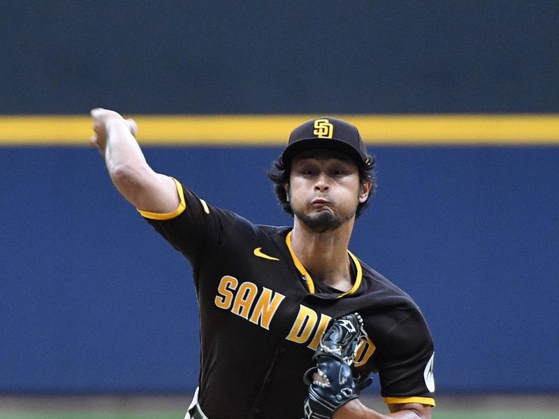 Aug 25, 2023; Milwaukee, Wisconsin, USA; San Diego Padres starting pitcher Yu Darvish (11) delivers a pitch against the Milwaukee Brewers in the first inning at American Family Field. Mandatory Credit: Michael McLoone-USA TODAY Sports